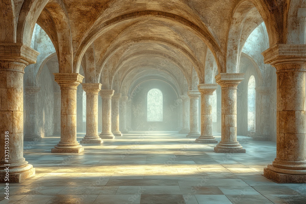 Fototapeta premium Cloisters of Mont Saint Michel Island with Gothic Architecture and Stone Arches