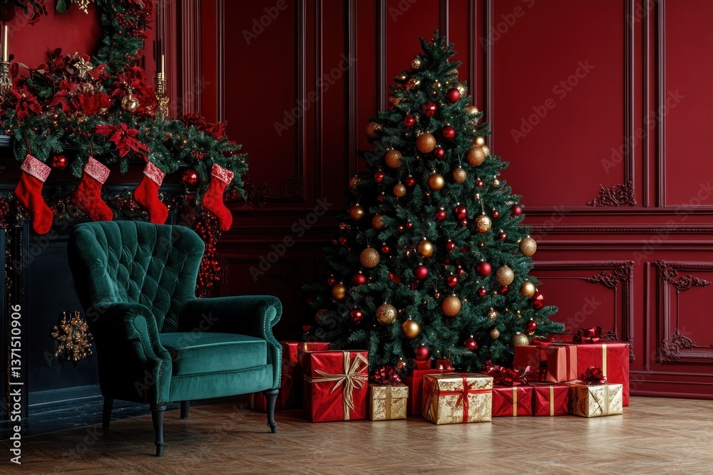 Luxurious Christmas Interior Scene with Richly Decorated Tree and Cozy Velvet Chair in Victorian Style Luxurious Christmas Interior Scene with Richly Decorated Tree and Cozy Velvet Chair in Victorian Style