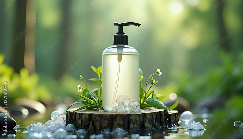 a mockup bottle of soap on a stump in the forest a mockup bottle of soap on a stump in the forest