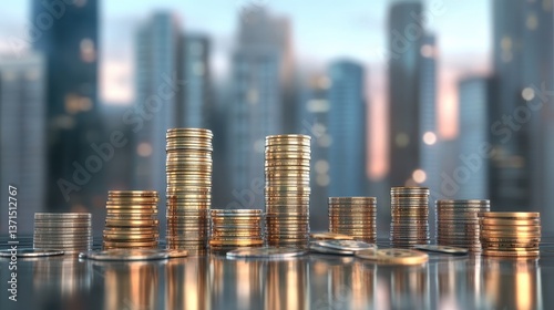 Commercial property investment, office buildings and coin stacks, 3D illustration.