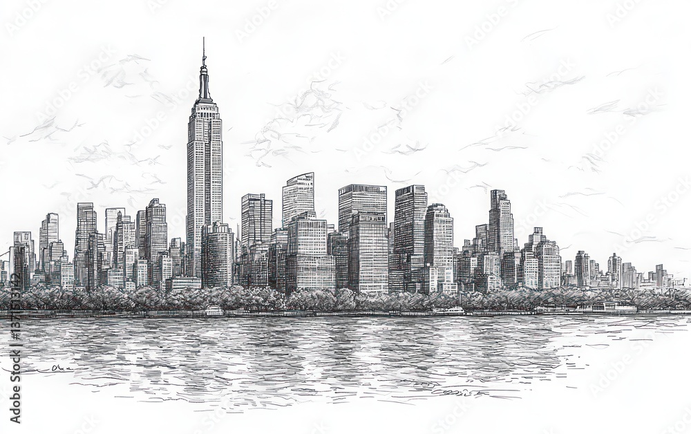 Fototapeta premium New York City Skyline Drawing, Statue of Liberty Sketch, Minimalist Architecture Illustration