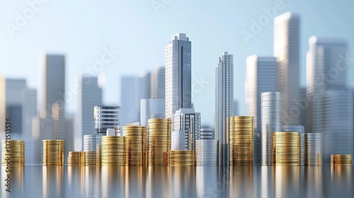 Commercial property investment, office buildings and coin stacks, 3D illustration.