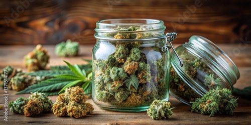 A jar filled with various types of dried marijuana flowers in shades of green and brown, flower arrangement, home decor