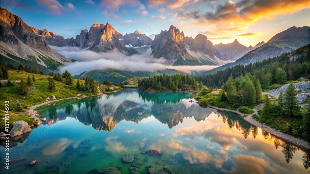 Obraz premium Sorapis lake at dawn with misty mountains, serene reflection, and lush greenery , aerial view, lake, aerial view, lake