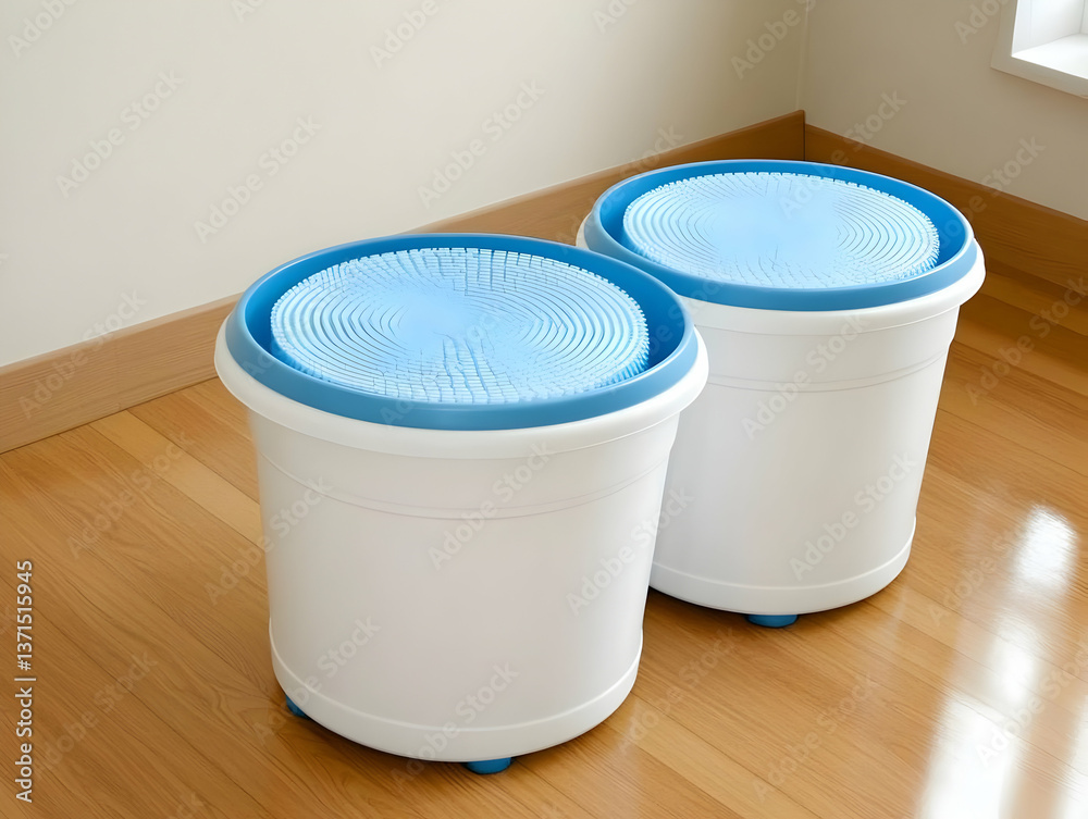 Photo Of Two White Buckets With Blue Circular Inserts On Wooden Floor Photo Of Two White Buckets With Blue Circular Inserts On Wooden Floor