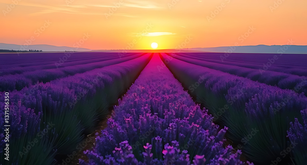 Naklejka premium Stunning Lavender Field at Sunset with Vibrant Colors