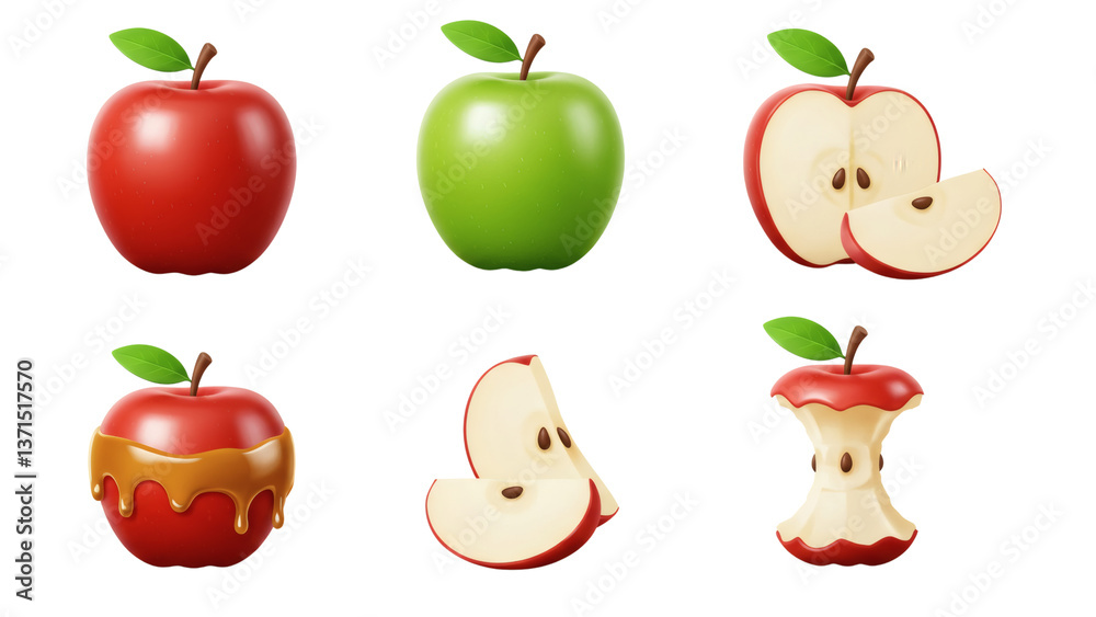 Display of Apple Fruit with Slices and Caramel on Transparent Background Display of Apple Fruit with Slices and Caramel on Transparent Background