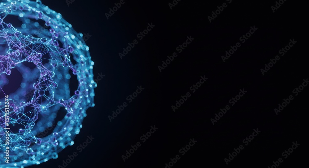 Obraz premium Abstract Blue and Purple Sphere Network Digital Art: Intricate Connections and Nodes in a Dark Background