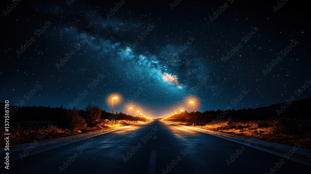 Fototapeta premium Empty road under starry night sky with Milky Way