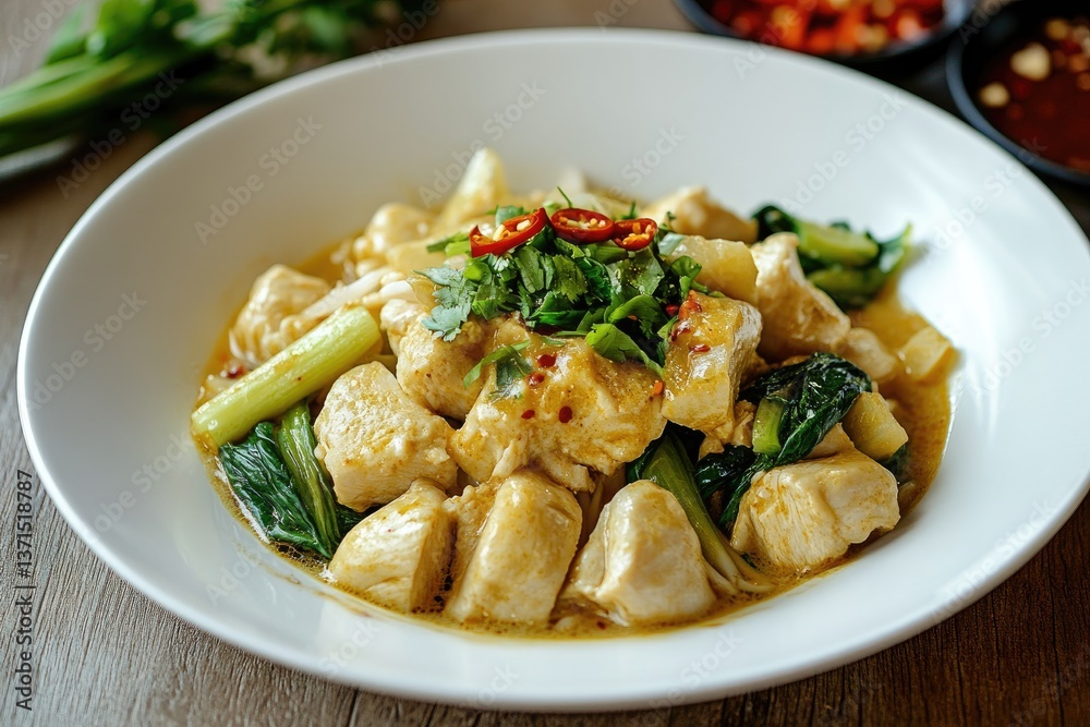 Delicious chicken dish with vibrant greens and spices served in a white bowl on a wooden table Delicious chicken dish with vibrant greens and spices served in a white bowl on a wooden table