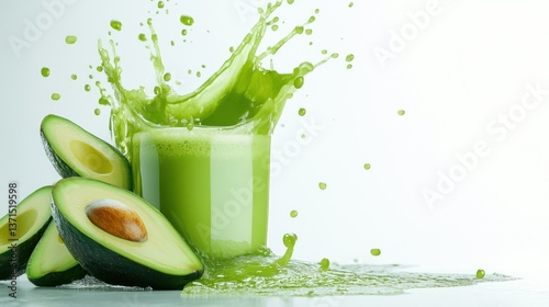 Fresh green avocado juice splashing out from a clear glass photo