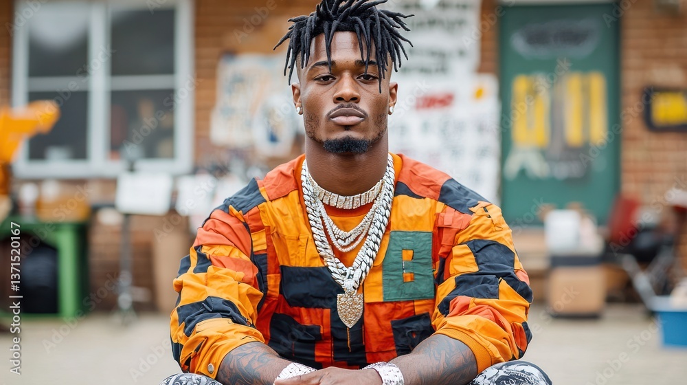 A young man with locs sits, hands folded, wearing a colorful shirt and substantial gold jewelry A young man with locs sits, hands folded, wearing a colorful shirt and substantial gold jewelry