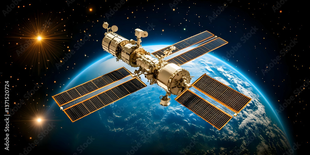Fototapeta premium Realistic Photo of a Satellite Orbiting Earth in a Starry Cosmos