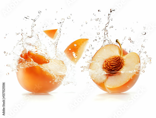 Realistic Photo of Sliced Peach with Water Splash Isolated on White Background