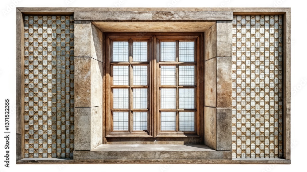 Fototapeta premium Old House Window, Vintage Architecture Photography, Antique Window Frame, Rustic Building Exterior, Aged Window Detail, Generative AI Image