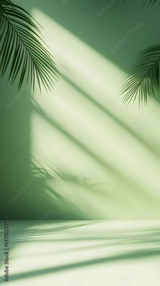 Fototapeta premium Realistic Green Palm Leaves Shadows on the Wall Background Abstract Photo