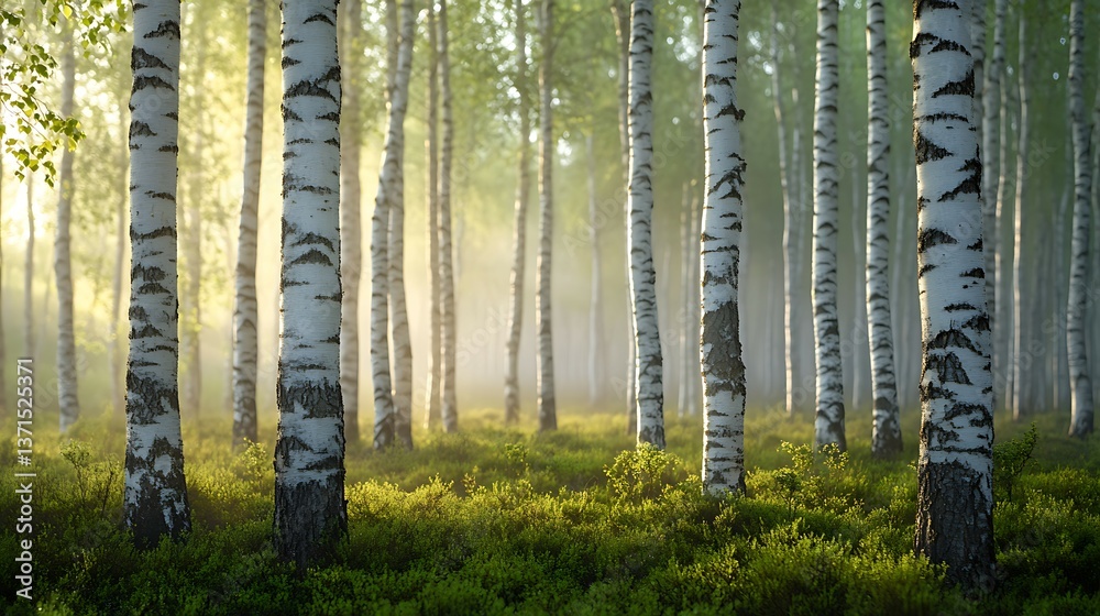 Obraz premium Beautiful birch trees form a serene natural woodland landscape scene