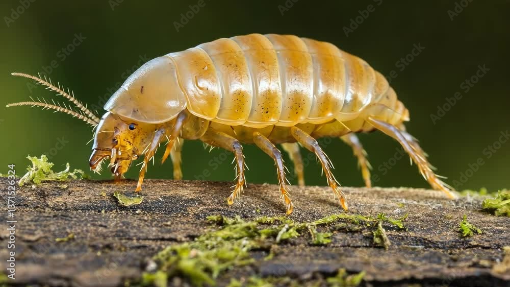 Detailed close-up of a yellow pill bug crawling on a log surrounded by green moss in a natural setting