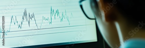 Detector of lies. A person looks at the computer screen with a graph on it. He wears glasses. The schedule shows the tendency to reduce