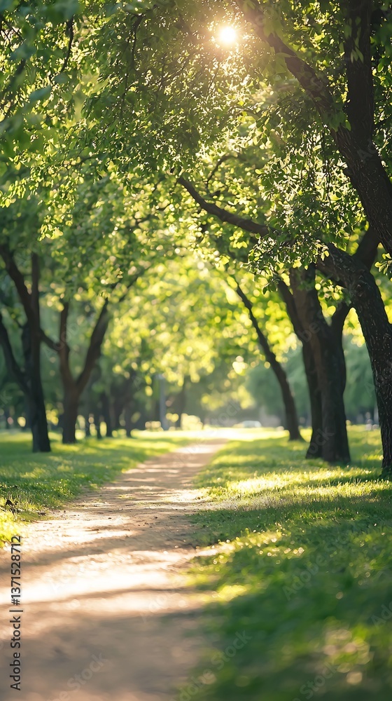 Naklejka premium Serene sunlit trail meandering through a vibrant green canopy of trees