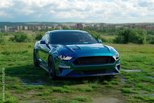 Fototapeta Naklejka Na Ścianę i Meble -  Blue sports car on grassy field, city view