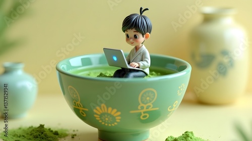 Tiny Character in a Teacup in a Whimsical and Dreamy Fantasy Scene
