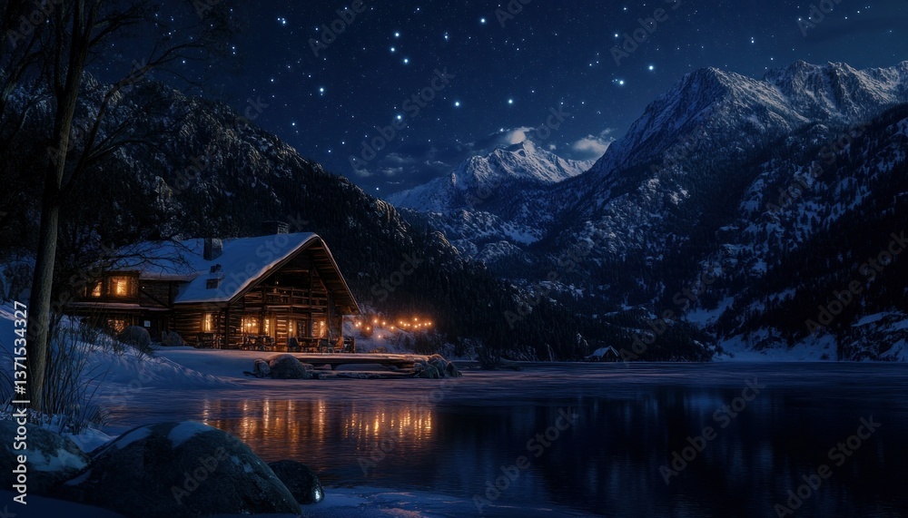 Fototapeta premium Winter night tranquility: Lakeside cabin illuminated beneath a starry mountain expanse