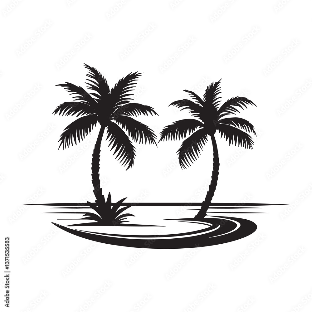 Fototapeta premium Tropical Island with Palm Tree Silhouette and Sunset Vector Illustration