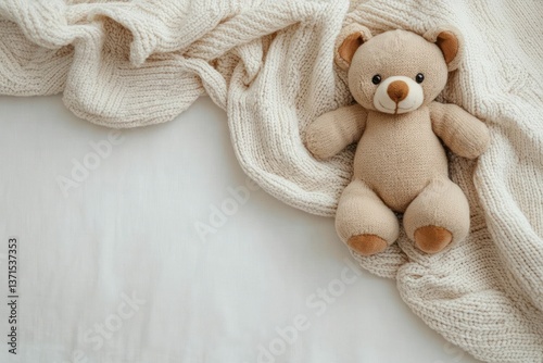 Minimalist Baby Nursery Still Life with Teddy Bear Knitted Blanket and Natural Light photo
