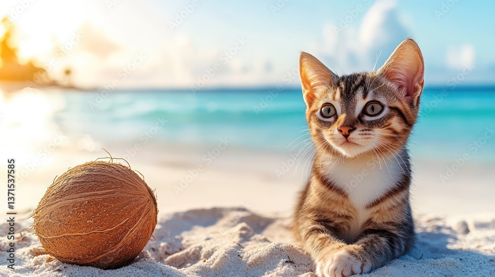 Obraz premium Scottish Fold sitting next to a coconut on Bora Bora Beach, French Polynesia, its folded ears making it look extra cute. 