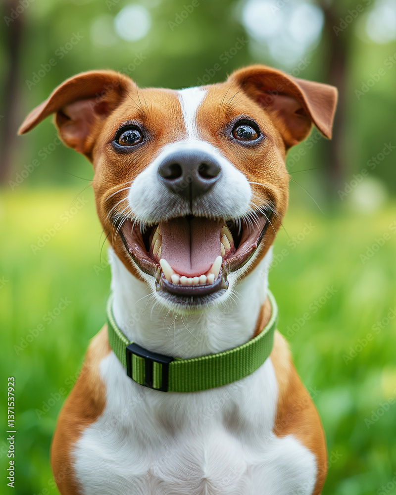 Happy dog smiling in green grass Happy dog smiling in green grass