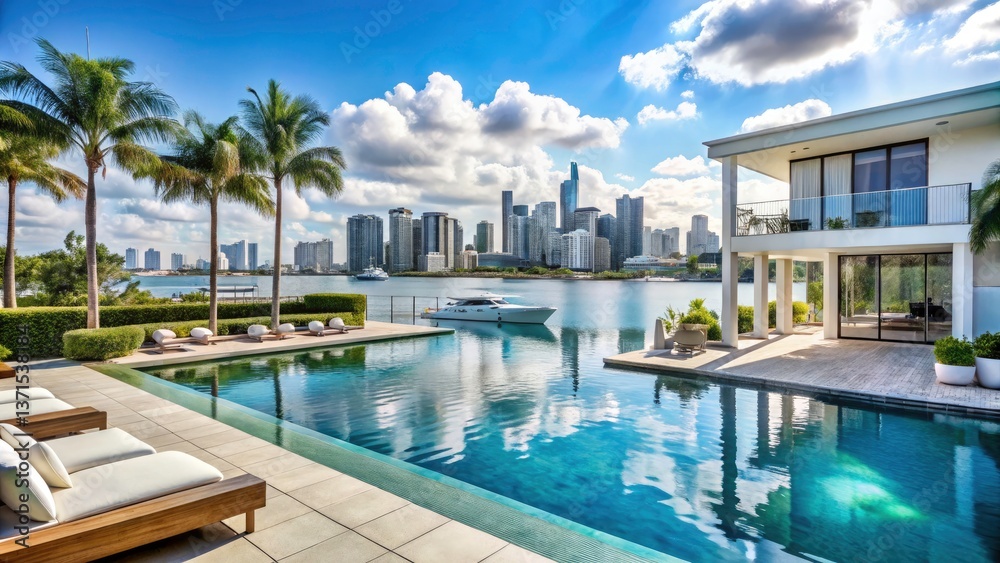 Obraz premium Surreal Miami Luxury Home, Pool, City Skyline, Bayside Beach Boats - AI Art