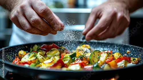 Close-up of chef cooking delicious roasted vegetables. A culinary masterpiece!