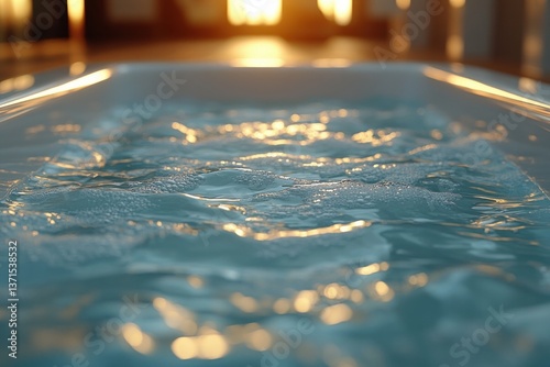 Woman Enjoying Relaxation in Modern Bathtub Spa Hydrotherapy Treatment with Soft Natural Light and Water Reflections