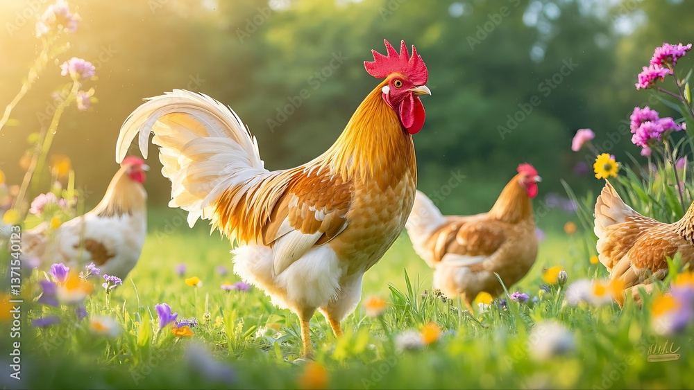 Fototapeta premium Rooster and hens in a sunlit meadow filled with wildflowers.