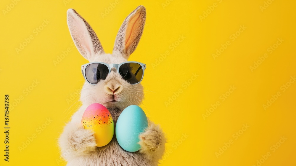 Fototapeta premium Trendy Easter bunny in light blue sunglasses holding colorful eggs against a yellow background. Great for spring promotions, festive ads, and playful seasonal campaigns