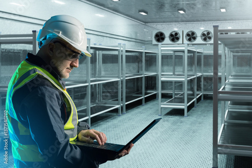 Man contractor in cold storage warehouse. Industrial refrigerator with metal racks. Freezer warehouse maintenance engineer. Man with laptop in large freezer. Industrial refrigerator for frozen goods