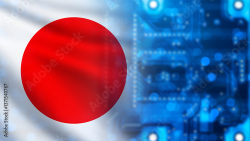 Computer microboard with Japan flag. Microelectronics produced on Japanese island. Digital microboard. Blue computer board with selective focus. Computer microchip from Japan. 3d image