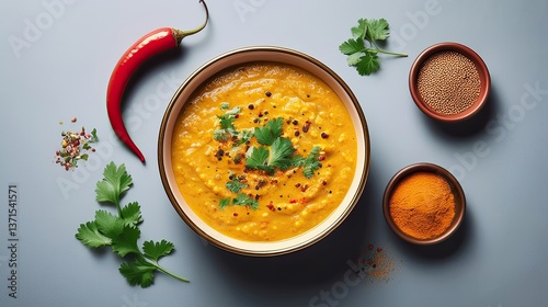 Minimalist top view of dal tadka served in a bowl with tempered spices on top, perfect for Indian food visuals, blogs, menus, or traditional meal content.