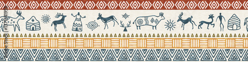 Ethnic seamless border on the theme of rock paintings, petroglyphs and geometric pattern, vector design, banner