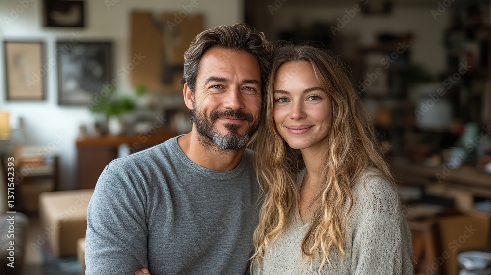 A content couple, after moving, stands in their new living room with relocation boxes, feeling at home. A content couple, after moving, stands in their new living room with relocation boxes, feeling at home.
