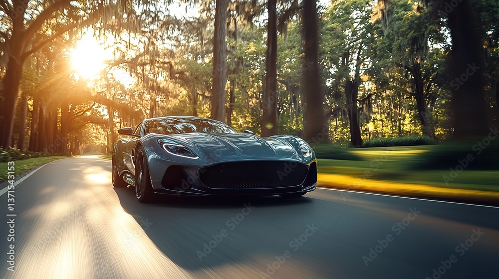 Naklejka premium A gray luxury coupe drives fast on a green countryside road with motion blur and sun rays.