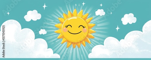 A cheerful, smiling sun surrounded by soft clouds against a bright blue background, radiating warmth and positivity.