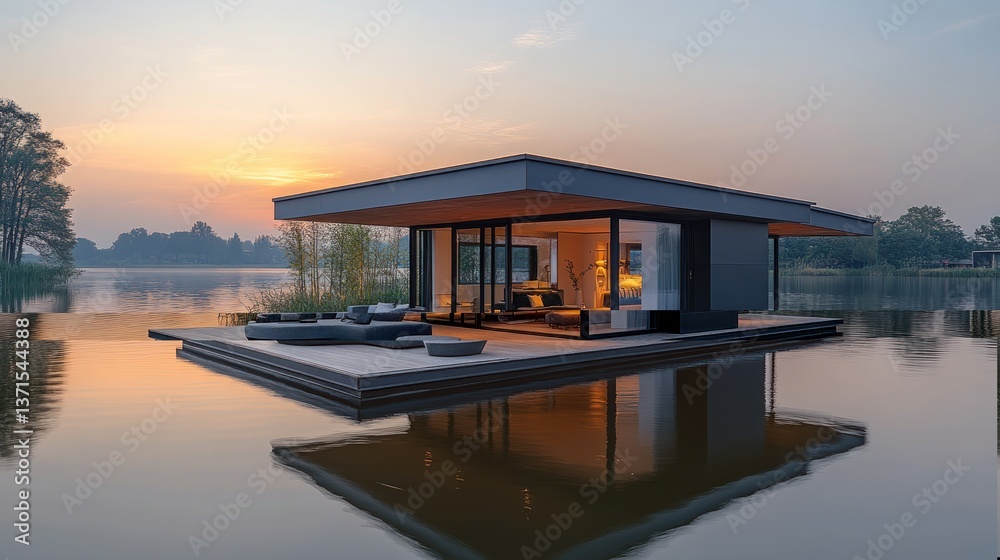 Modern floating house on lake at sunset Modern floating house on lake at sunset