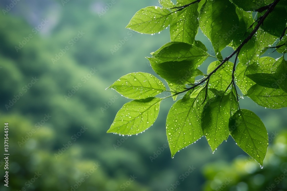 Fresh green leaves of a tree in spring with soft sunlight and blurry background