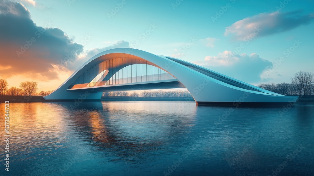Obraz premium Futuristic bridge over river at sunset