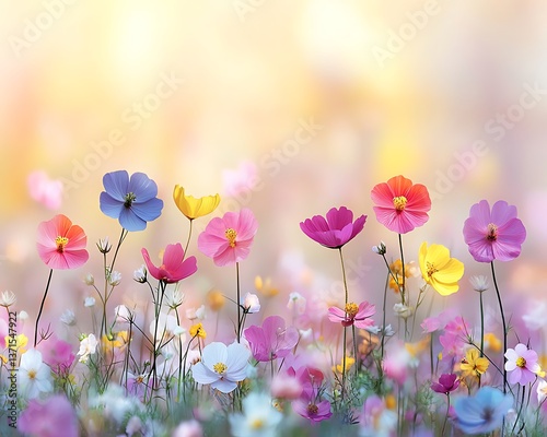 Colorful Cosmos Field, Sunny Meadow