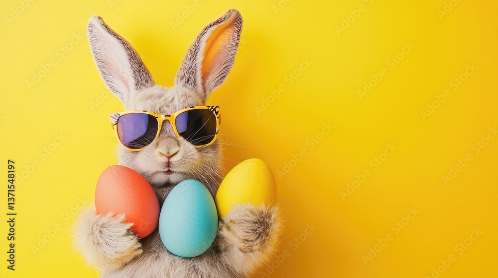 Fototapeta premium Charming Easter bunny with yellow sunglasses holding red, blue, and yellow eggs against a vibrant yellow backdrop. Ideal for Easter promotions, ads, and greeting designs