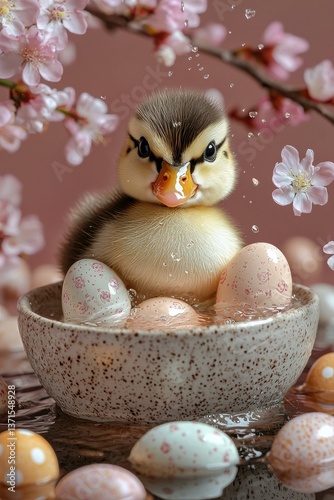 Cute duckling in a bowl of water with eggs. AI.
