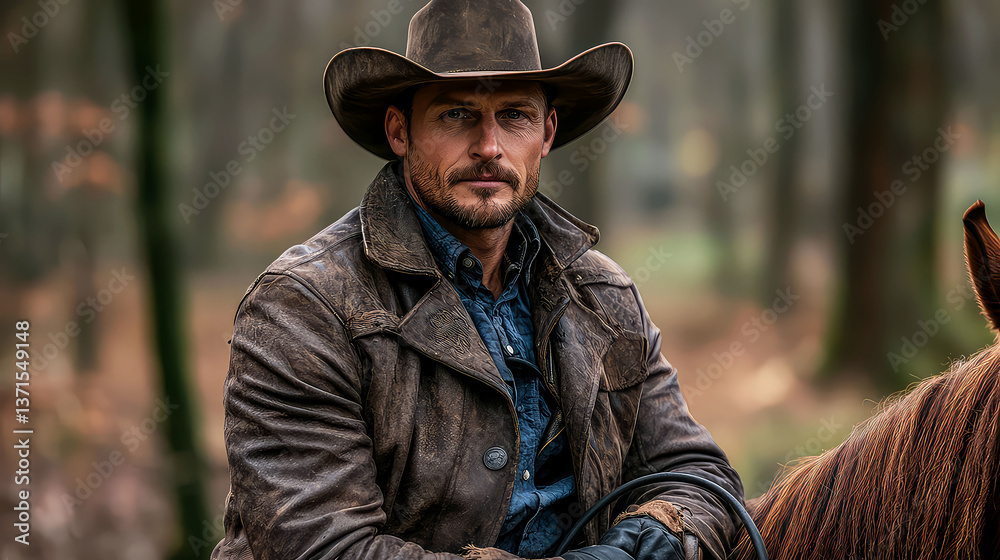 Fototapeta premium A Rugged Cowboy Portrait: Man in Leather Jacket and Hat on Horseback in the Forest